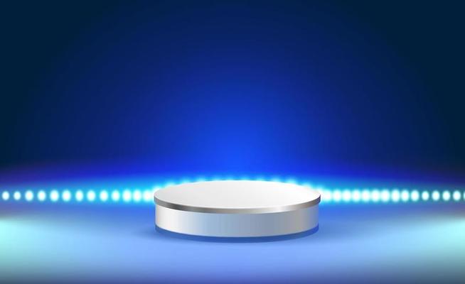 The podium behind the LED lights in a dark blue background atmosphere. EPS realistic file.