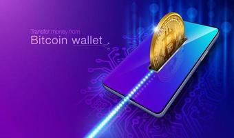 Transfer money from Bitcoin coin wallet to Smartphone securely with advanced technology. It cannot be hacked or stolen with your personal password through the blockchain system. vector
