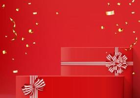 3d background gift box with red bow display product for Christmas. Product display background vector 3d rendering with minimal podium studio. stand for cosmetic on red gift box in new year day