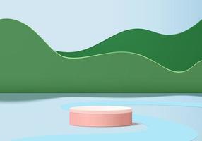 3d green background products display podium scene with platform. background vector 3d rendering with pink podium. stand to show cosmetic products. Stage showcase on pedestal display studio