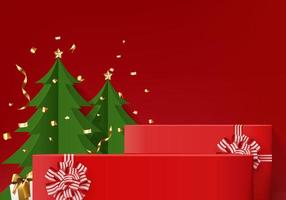 Caja de regalo de fondo 3D con producto de exhibición de lazo rojo para Navidad. representación 3d del vector del fondo de la exhibición del producto con el estudio mínimo del podio. soporte para cosméticos en caja de regalo roja en el día de año nuevo