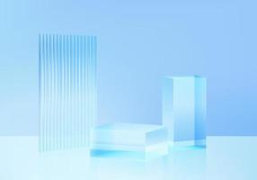Plataforma de fondo 3d con cristal azul moderno. vector de fondo plataforma de podio de cristal de representación 3d. stand mostrar producto cosmético. Escaparate de escenario sobre pedestal, plataforma de estudio de vidrio moderno.