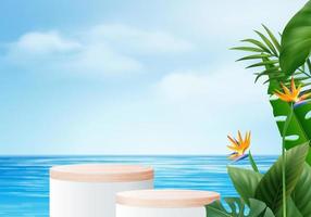 3d summer background product display podium scene with leaves. summer background vector 3d render on ocean, wood podium display in sea. stand show cosmetic product display blue sky cloud