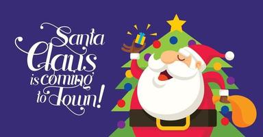 Flat design Santa Claus holds Christmas gift on Christmas tree background. Christmas greeting card design