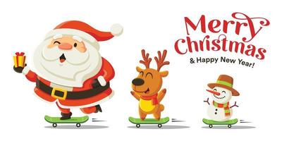 Merry Christmas and happy new year greeting with cute Santa Claus, snowman and reindeer riding skateboard. Holiday in winter season vector