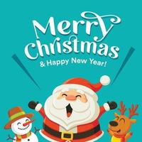 Merry Christmas and happy new year greeting with cute Santa Claus, snowman and reindeer. Holiday in winter season vector