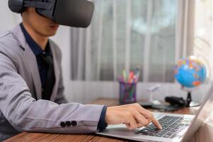 Businessman  Virtual Reality glasses VR Augmented Reality Metaverse on virtual world. photo