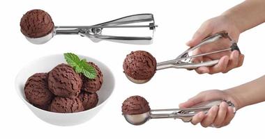 Chocolate ice cream in spoon for scoop on white background photo