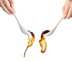 chef pouring noodle soup on white background, Soup for sukiyaki from chicken and fish photo