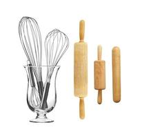 Group of kitchen utensils for bakery on white background photo