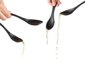 chef holding noodle soup on white background, Soup for sukiyaki from chicken and fish photo