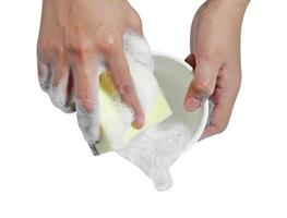 Vajilla de lavado de manos de mujer sobre fondo blanco.