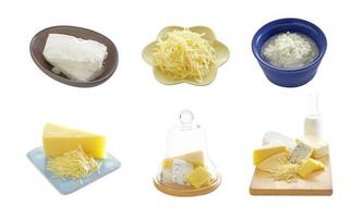 Group of cheese in ceramic dish on white background photo