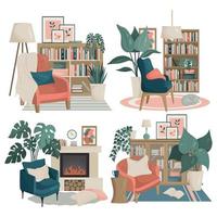 A set of four Scandinavian-style living room interiors. The boho palette. Modern cozy interiors in boho style. Vector. vector