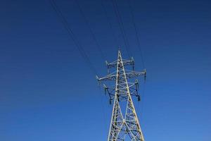 High power lines against clear blue sky photo