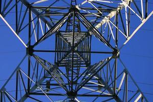 High power lines against clear blue sky photo