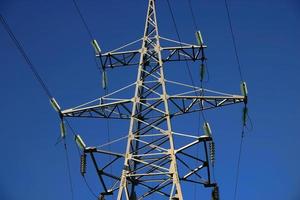 High power lines against clear blue sky photo