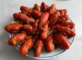 Big plate with boiled crayfish photo