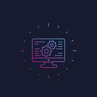Computadora y ruedas dentadas, configuración e icono de línea de vector de configuración