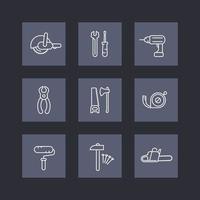 construction tools line icons on squares, wrench, drill, saw, chainsaw, hammer, vector illustration