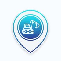 excavator line icon on map pointer, vector illustration