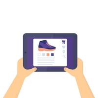 zapatería online, comprar zapatillas, tablet en manos vector