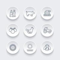 Farm, ranch line icons set, hen and eggs, pig, crop, vegetables, sunflower, harvest vector