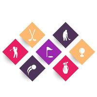 Iconos rómbicos de golf en blanco, palos de golf, jugador de golf, golfista, bolsa de golf, ilustración vectorial vector
