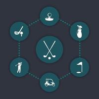 Golf, golf club, golf car, golfer, round green icons, vector illustration