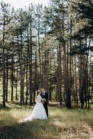 the bride and groom are walking in a pine forest photo