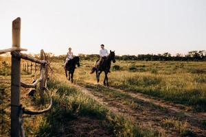 girl in a white sundress and a guy in a white shirt on a walk with brown horses photo