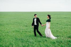 the groom in a brown suit and the bride in an ivory-colored dress on a green field photo