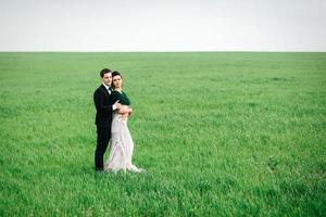 the groom in a brown suit and the bride in an ivory-colored dress on a green field photo