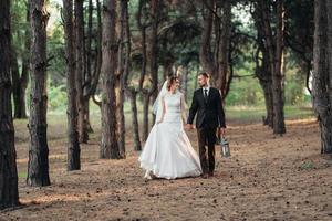 walk of the bride and groom through the autumn forest photo