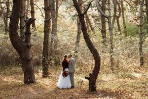 paseo de la novia y el novio por el bosque de otoño foto