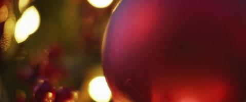 close-up van een rode kerstbal die aan een versierde boom hangt. video