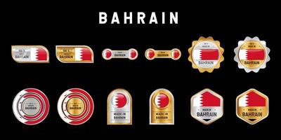 hecho en bahrein etiqueta, sello, insignia o logotipo. con la bandera nacional de bahrein. en platino, oro y plata. emblema premium y de lujo vector