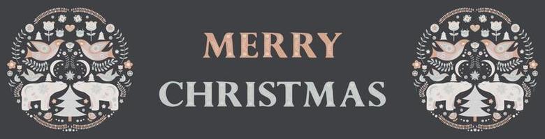 Christmas banner in folk style with polar bears, floral motives, birds, and the inscription Merry Christmas. vector