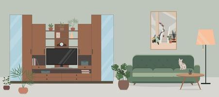 Cozy Living room interior with TV cabinet with shelves, TV, sofa, flowers in pots. vector