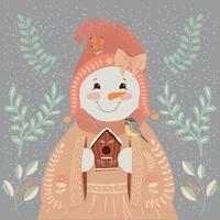 niña muñeco de nieve en estilo popular. Ilustración de Navidad, tarjeta de felicitación. vector