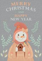 Merry Christmas and Happy New Year, greeting card, with snowman girl in folk style. vector