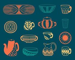 colección de platos de cerámica multicolor sobre un fondo oscuro. un juego de utensilios de cocina. boceto simple, boceto, cerámica hecha a mano vector