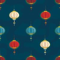 Seamless pattern of Chinese lanterns on the background of the night sky in a flat style. Hand drawn paper pendant light. Vector illustration on the theme of Chinese culture and New Year