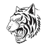 una cara de tigre amenazante. una ilustración dibujada a mano de una cabeza de animal salvaje. dibujo de arte lineal para emblema, póster, pegatina, tatuaje, etc. vector
