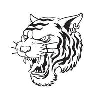 a growling tiger from the side. a hand drawn illustration of a wild animal head. line art drawing for emblem, poster, sticker, tattoo, etc. vector