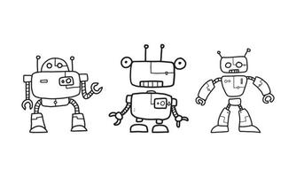 una ilustración vectorial del robot. bocetos de robot sobre fondo blanco con varios tipos. un conjunto de robots doodle incoloros. vector