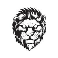 una cara de león en modo de alerta. una ilustración dibujada a mano de una cabeza de animal salvaje. dibujo de arte lineal para elemento de diseño vector
