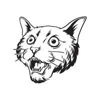 una ilustración de gato enojado. una ilustración dibujada a mano de una cabeza de animal salvaje. dibujo de arte lineal para emblema, cartel, pegatina, tatuaje, etc. vector