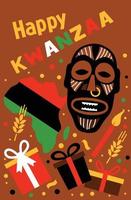 Vector card with collection of Happy Kwanzaa. Holiday symbols on brown background. Vector illustration.