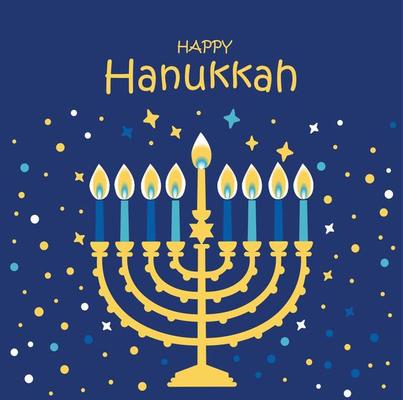 Jewish holiday Hanukkah greeting card traditional Chanukah symbols - menorah candles with star illustration on blue.